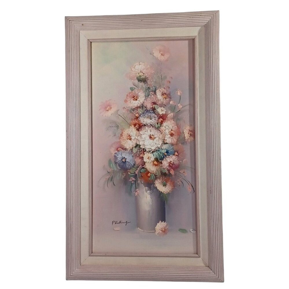 Large 22x12 Original P. Keeling ( Pegaret) oil on canvas painting Flowers Floral